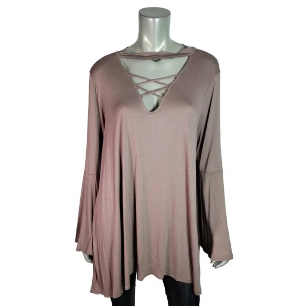 Rae Mode‎ Top Plus Size 3X Caged V-Neck Bell Sleeve A-Line Stretch Casual Brown